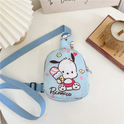 Sanrio Kawaii Mini Chest Bag Cinnamoroll Kuromi Pochacco Bolsa de Ombro Infantil Menina Moda Bolsa Mensageiro Presente de Armazenamento de Viagem