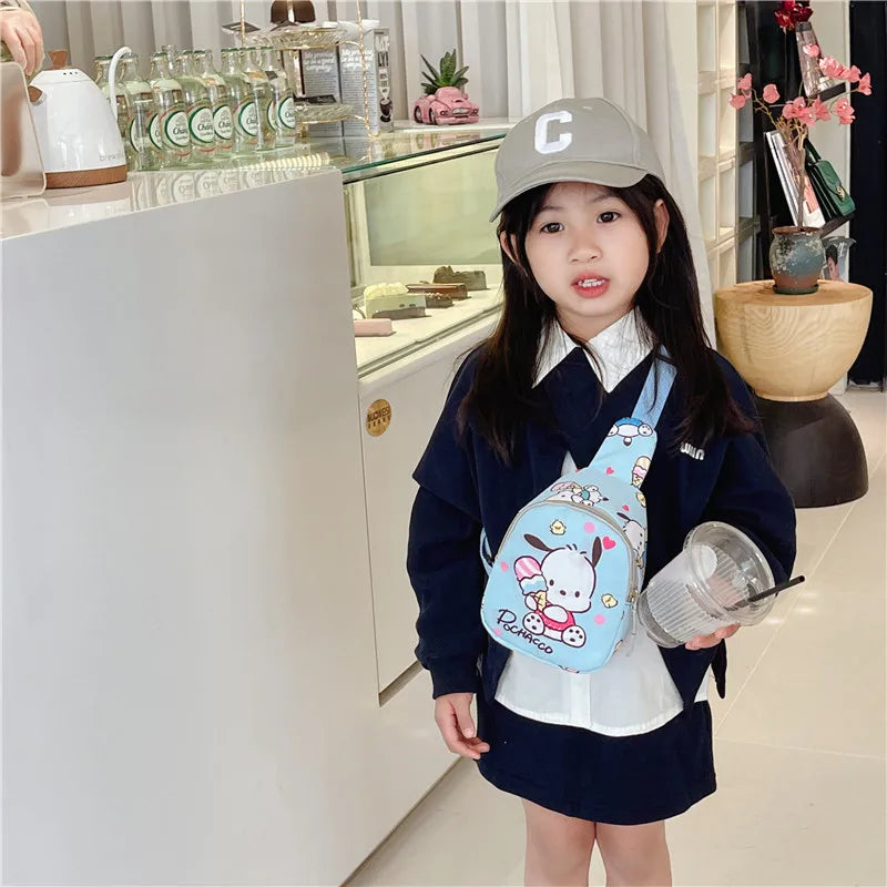 Sanrio Kawaii Mini Chest Bag Cinnamoroll Kuromi Pochacco Bolsa de Ombro Infantil Menina Moda Bolsa Mensageiro Presente de Armazenamento de Viagem