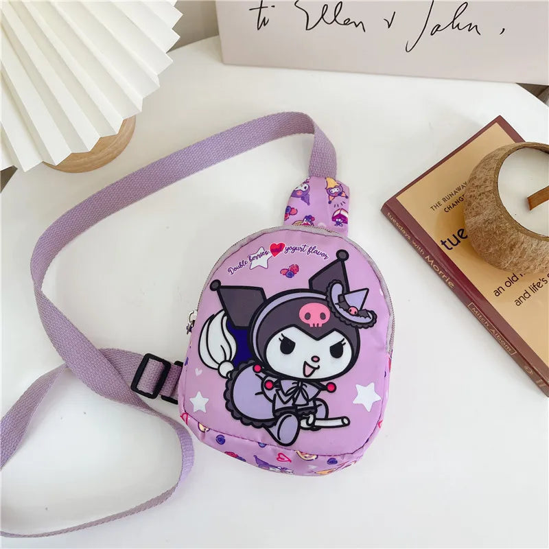 Sanrio Kawaii Mini Chest Bag Cinnamoroll Kuromi Pochacco Bolsa de Ombro Infantil Menina Moda Bolsa Mensageiro Presente de Armazenamento de Viagem