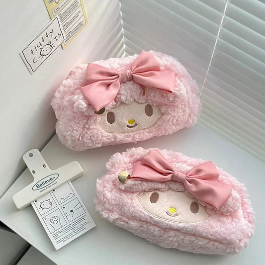 Sanrio Melody Cinnamoroll Fashionable Latest Pink Plush High Aesthetic Girl's Heart-shaped Pencil Case With Large Capacity Leedoar