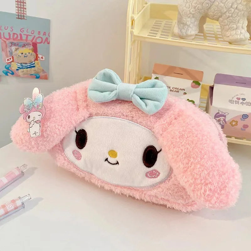 Sanrio Melody Cinnamoroll Fashionable Últimas novidades em pelúcia rosa de alta estética para meninas estojo em forma de coração com grande capacidade 