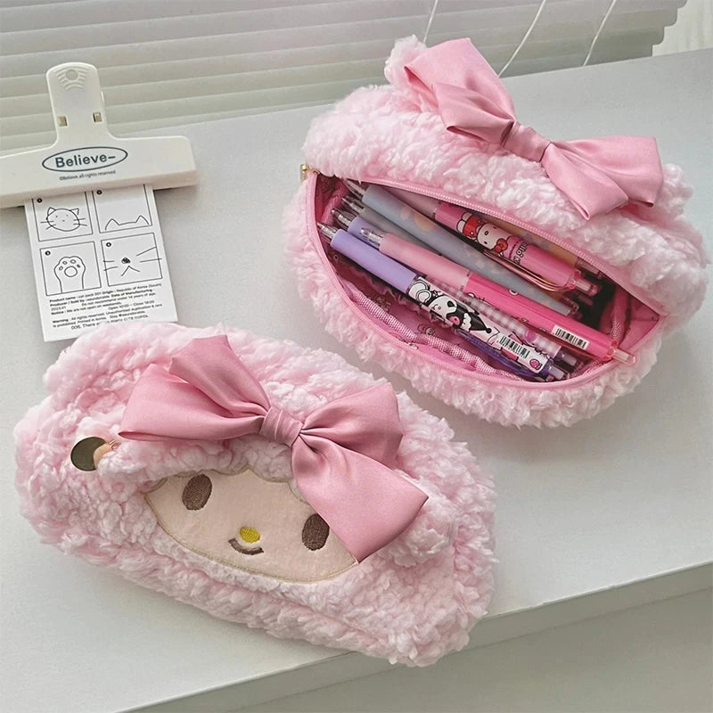 Sanrio Melody Cinnamoroll Fashionable Últimas novidades em pelúcia rosa de alta estética para meninas estojo em forma de coração com grande capacidade 