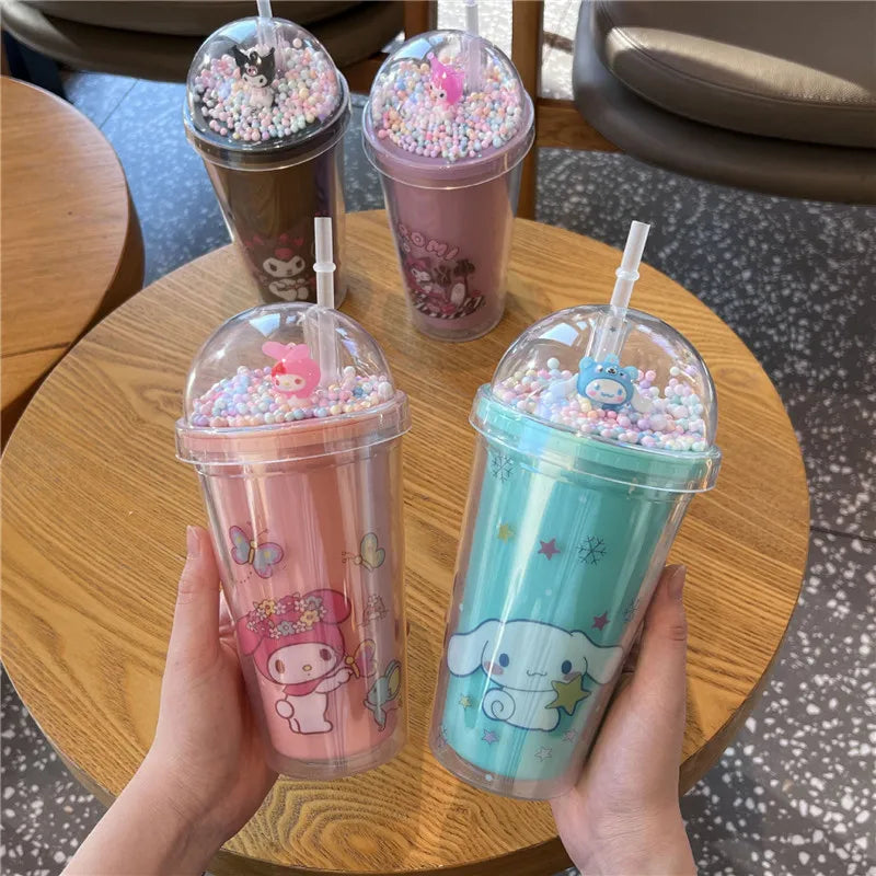 Sanrio Water Bottle Kawaii Cinnamoroll Kuromi Double-layer Plastic Cup Portable Sports Mug Summer High Capacity Outdoor for Kid Leedoar