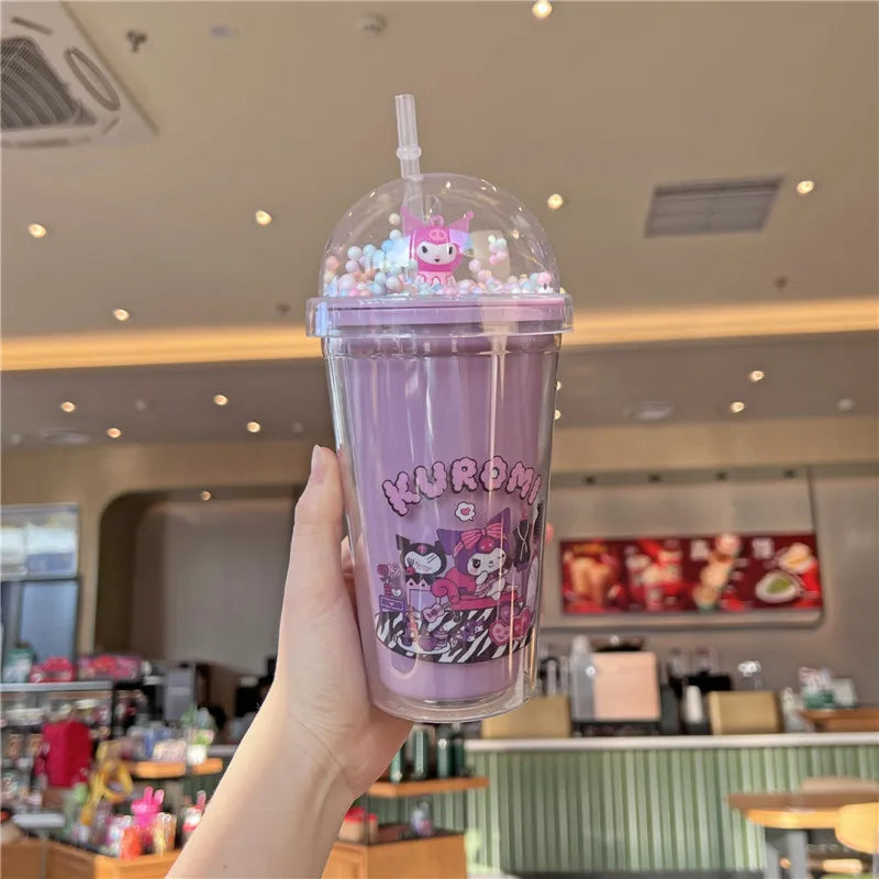 Sanrio Water Bottle Kawaii Cinnamoroll Kuromi Double-layer Plastic Cup Portable Sports Mug Summer High Capacity Outdoor for Kid Leedoar