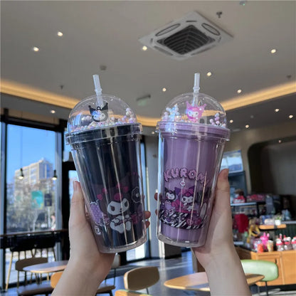 Sanrio Water Bottle Kawaii Cinnamoroll Kuromi Double-layer Plastic Cup Portable Sports Mug Summer High Capacity Outdoor for Kid Leedoar