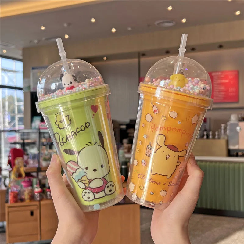 Sanrio Water Bottle Kawaii Cinnamoroll Kuromi Double-layer Plastic Cup Portable Sports Mug Summer High Capacity Outdoor for Kid Leedoar