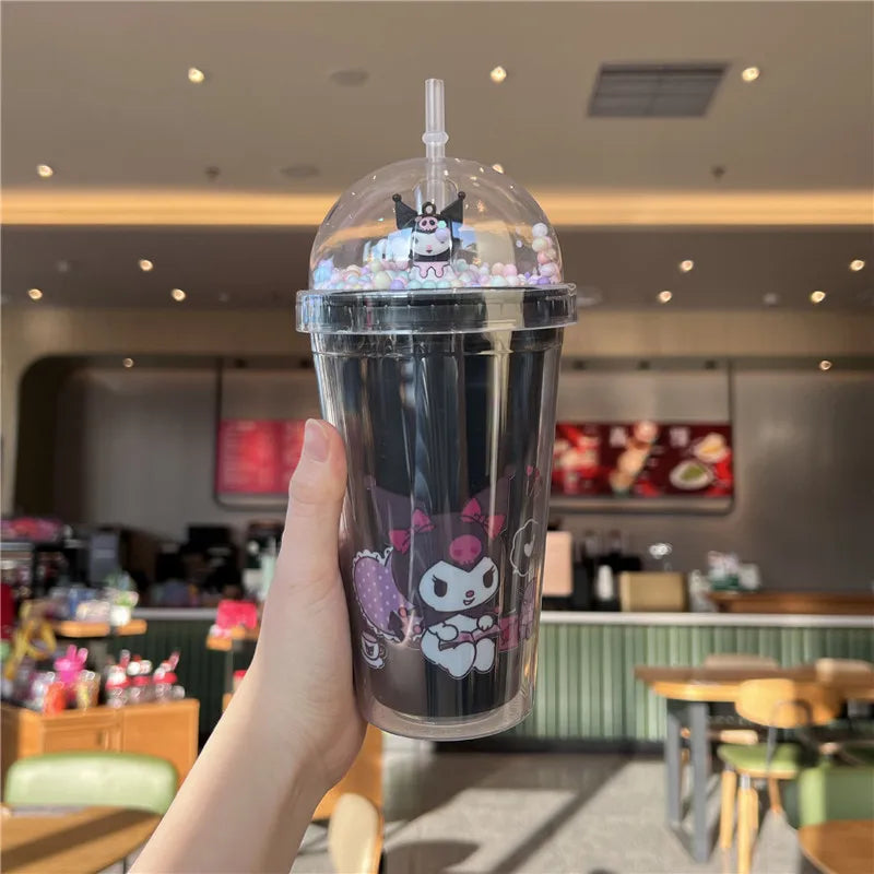 Sanrio Water Bottle Kawaii Cinnamoroll Kuromi Double-layer Plastic Cup Portable Sports Mug Summer High Capacity Outdoor for Kid Leedoar