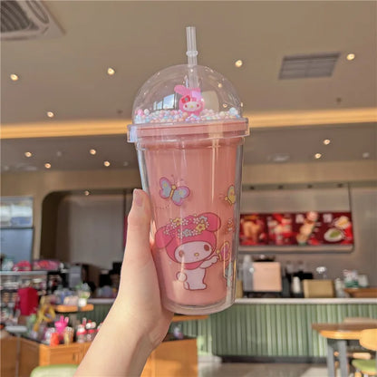 Sanrio Water Bottle Kawaii Cinnamoroll Kuromi Double-layer Plastic Cup Portable Sports Mug Summer High Capacity Outdoor for Kid Leedoar