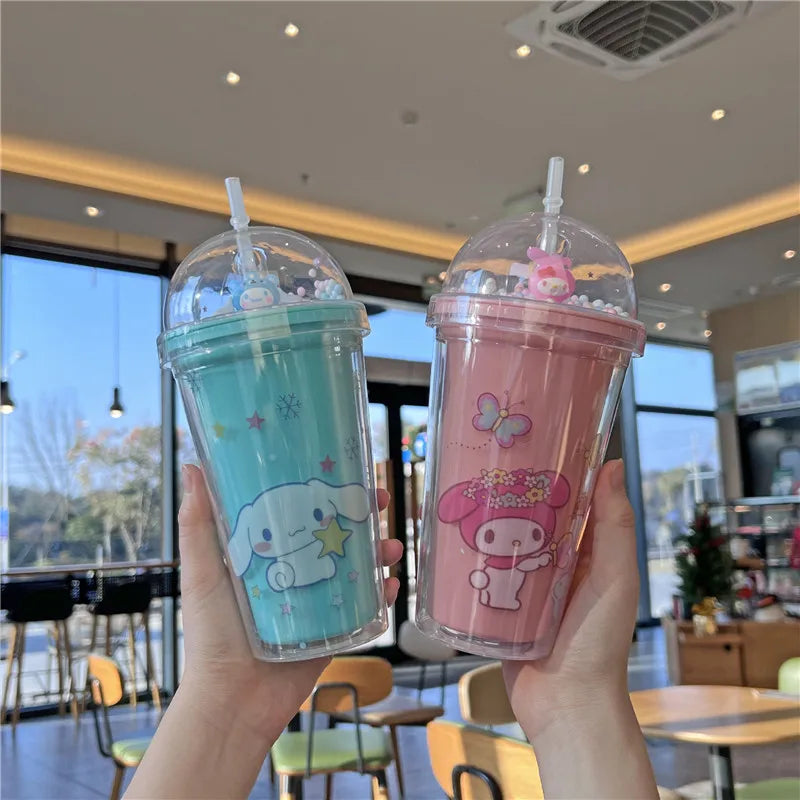 Sanrio Water Bottle Kawaii Cinnamoroll Kuromi Double-layer Plastic Cup Portable Sports Mug Summer High Capacity Outdoor for Kid Leedoar