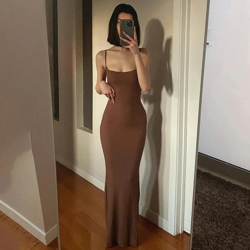 Satin Slip Sleeveless Backless Maxi Dress Women 2023 Y2K Summer Bodycon Elegant Sexy Outfits Ladies Birthday Party Club Sundress Leedoar