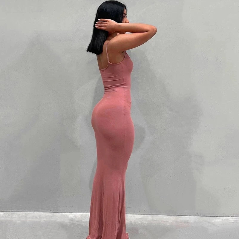 Satin Slip Sleeveless Backless Maxi Dress Women 2023 Y2K Summer Bodycon Elegant Sexy Outfits Ladies Birthday Party Club Sundress Leedoar