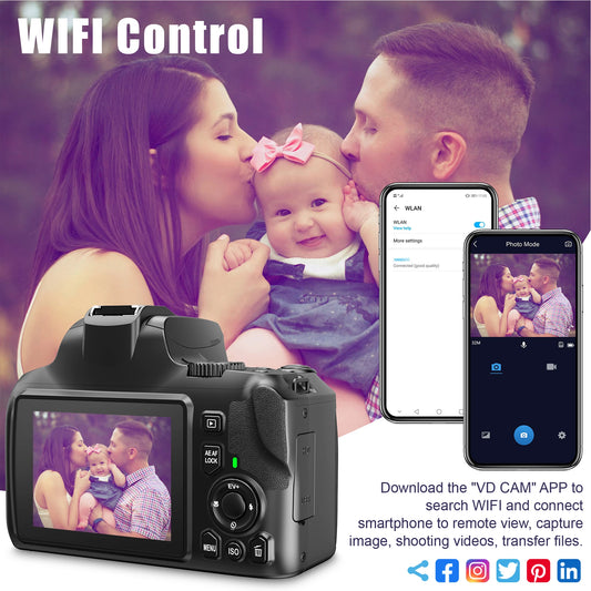 Cámara digital WiFi 4K de 64 MP para fotografía, videocámara con flash, salida HDMI, transmisión en vivo, vlog, zoom óptico de 10X, cámara web SLR 