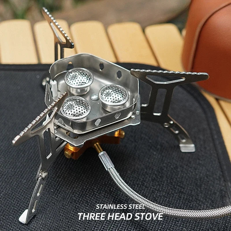 New Arrival Outdoor Portable Three Head Stove Camping Windproof Stove Camping Picnic Burner Outdoor Foldable Gas Stove Leedoar