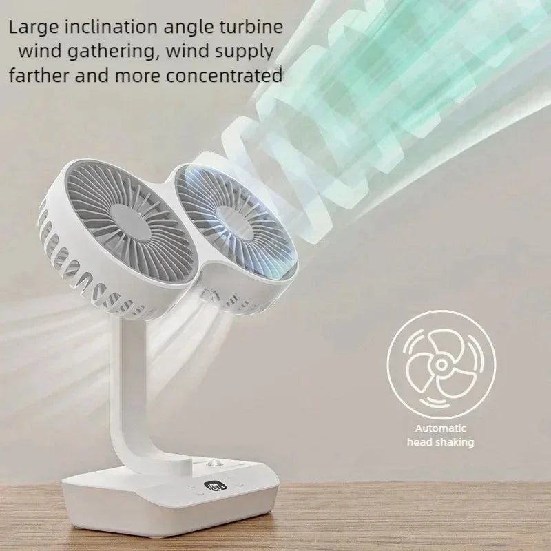 2024 Novo ventilador de agitação de cabeça dupla multifuncional 4 engrenagens ajustável de alta definição display digital luzes noturnas ventilador portátil