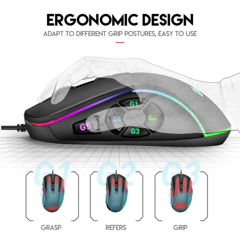 Mouse de escritório para jogos com fio 7200DPI RGB com retroiluminação 6 níveis de DPI ajustáveis/10 botões programáveis/botão de retorno ao mouse de mesa 