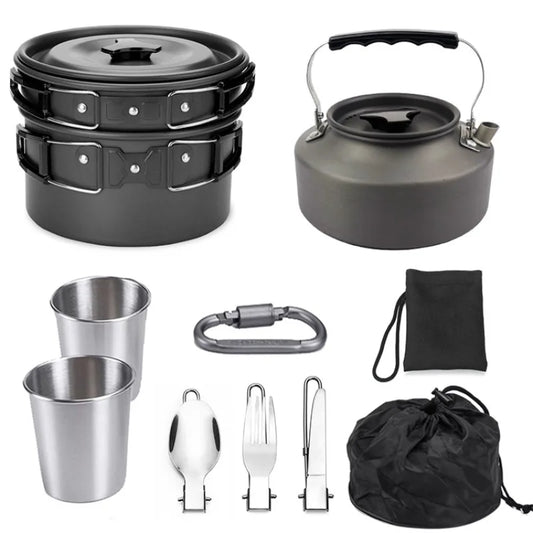 2-3 People Outdoor Camping Cookware Set, Folding Pots, Utensils, Teapot Combinations, Outdoor Set Pots, Cutlery Leedoar