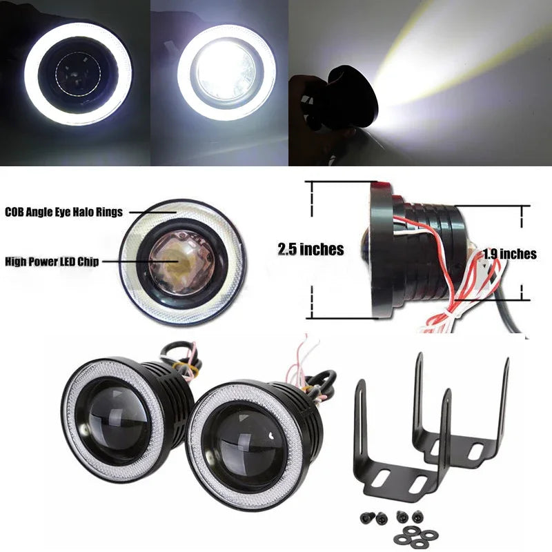 2Pcs Universal Angel Eyes Led Fog Lamp COB DRL Led Mile Lenses Headlight Auto Driving Tuning Signal Daytime Running Light Kit Leedoar