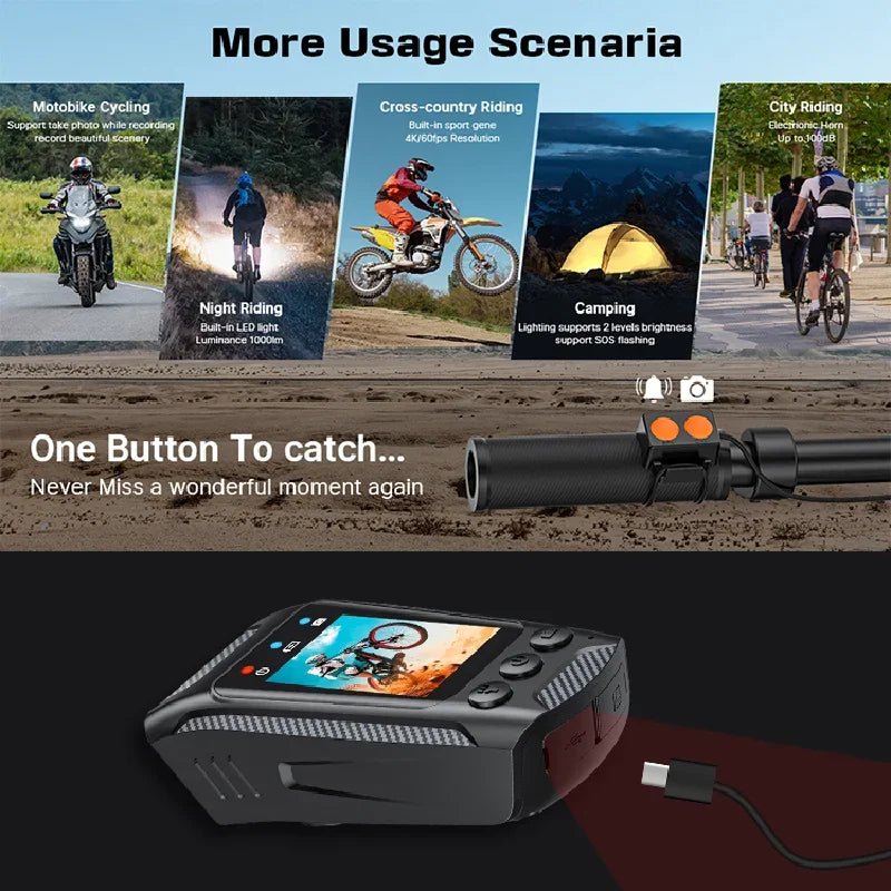 3 in 1 Multifunction Sport DV Dash Cam with Light Horn 4K Bike Helmet Action Camera HD Screen Motorcycle Bicycle Cycling Camera Leedoar