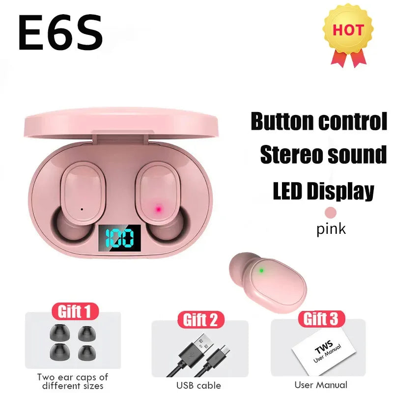 2024 TWS E6S Fone Bluetooth Earphones Wireless Headphones LED Display Noise Cancelling In-ear Earbuds Headset  With Microphone Leedoar