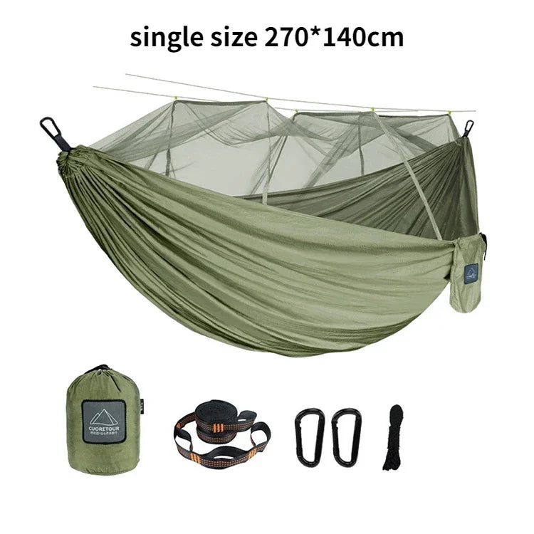 Outdoor Camping Portable Single Size Nylon Fabric Portable Travel Outdoor Camping Hanging Sleeping  Hammock with Mosquito Net Leedoar