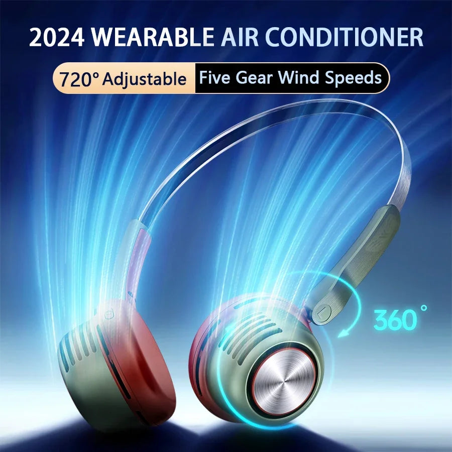 Aire acondicionado portátil súper genial, nuevo, 2024, ventilador de cuello colgante giratorio de 720°, enfriador de aire portátil, ventilador de cuello sin aspas con 5 velocidades