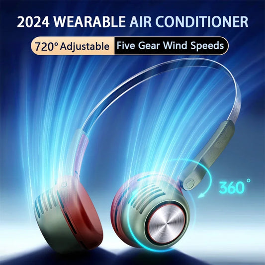 Aire acondicionado portátil súper genial, nuevo, 2024, ventilador de cuello colgante giratorio de 720°, enfriador de aire portátil, ventilador de cuello sin aspas con 5 velocidades