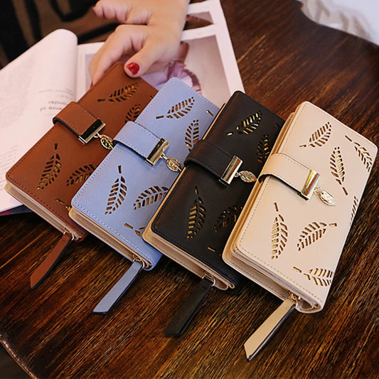 2023 New Korean Women's Wallet Long Fashionable Handbag Hollow Leaf Zipper Buckle Wallets Card Holder Package Bank Name ID Bag Leedoar