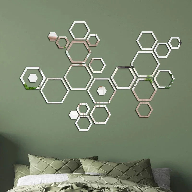 24 peças adesivo de parede de espelho hexagonal 3D vazado faça você mesmo decoração de favo de mel papel autoadesivo à prova d'água sala de estar quarto