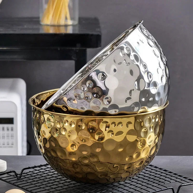 New Stainless Steel Hammer Point Fruit Bowl Salad Plate Egg Pot Thickened Baking Mixing Cooking Bowl Creative Decoration Bar KTV Leedoar