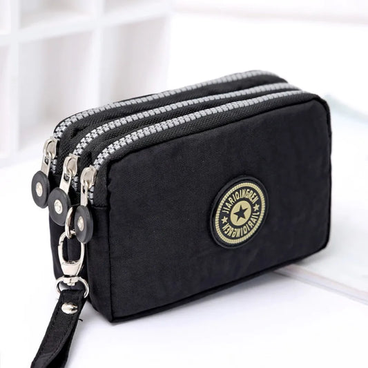 New Coin Purse 2023 Women Small Wallet Washer Wrinkle Fabric Phone Purse Three Zippers Portable Make Up Bag 17 colors Leedoar