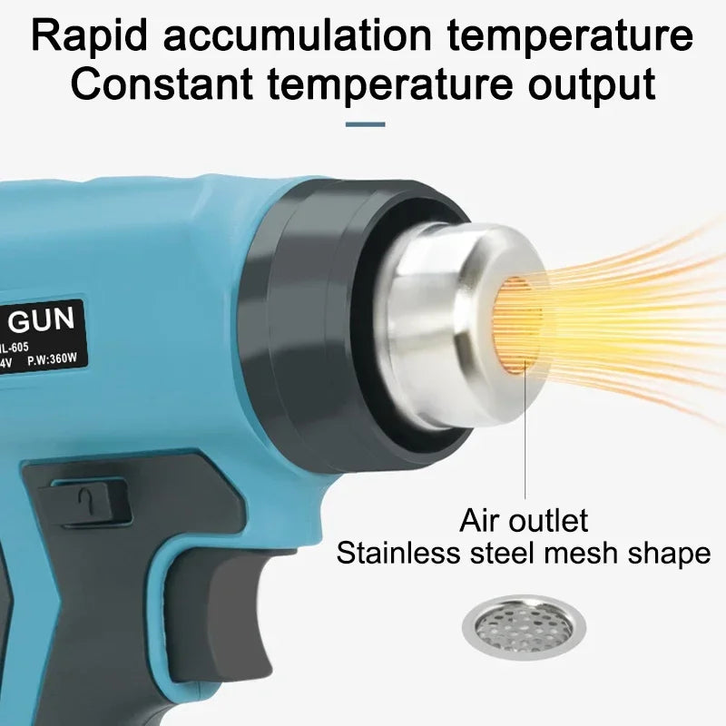 Pistola de calor portátil, pistola de calor eléctrica inalámbrica con 4 boquillas para Makita/Dewalt/Milwaukee/Bosch/Black Decker, batería de iones de litio de 18 V y 20 V