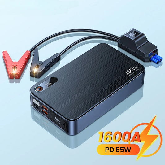 Arrancador de batería de coche de 1600 A, banco de energía de 16000 mAh, dispositivo de arranque de 12 V, cargador portátil potente, herramienta de arranque de refuerzo de batería de coche PD de 65 W