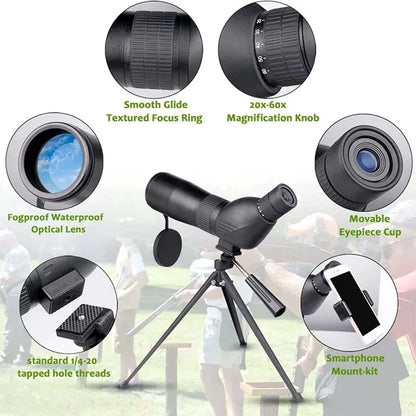 Telescópio monocular poderoso com zoom de 20-60X60 Bak4 Prism à prova d'água antiembaçante para acampamento, observação de pássaros, paisagem, escopo para envasamento para telefone