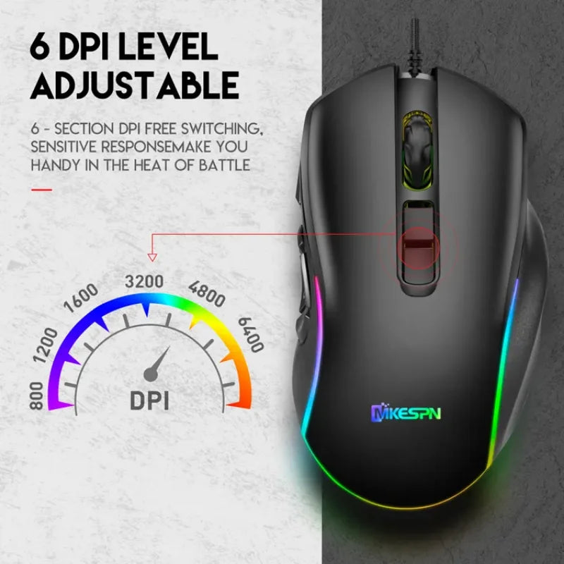 Wired Gaming Office Mouse 7200DPI RGB Backlit Mouse 6 Adjustable DPI Levels/10 Programmable Buttons/Back to Desktop Button Mouse