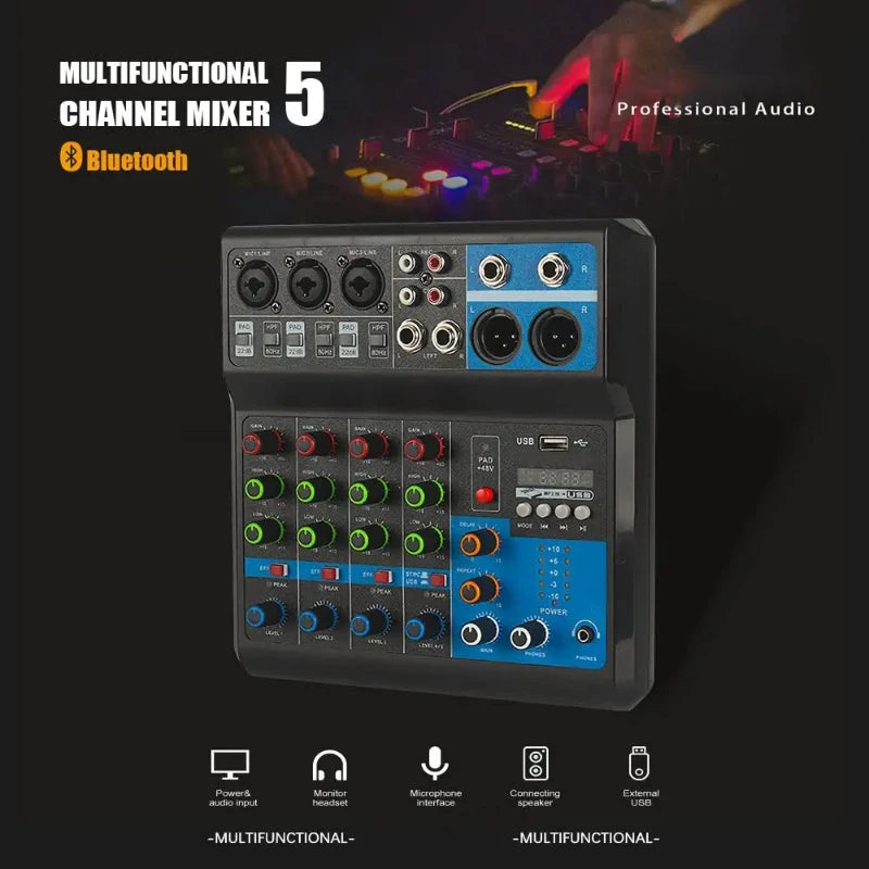 5 Channel Sound Mixer Table Audio Professional Portable Digital Console Computer Recording DJ Controller Processor USB Bluetooth Leedoar