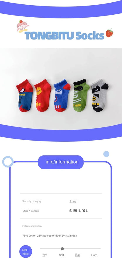 5 Pairs of Spring and Summer Thin European and American Fashion Cartoon Mesh Breathable Comfortable Sports Boys Cotton Socks Leedoar