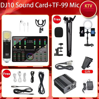 48V DJ10 Sound Card BM 800 Microphone Bluetooth Wireless Karaoke with Live Streaming for PC Phone Singing Gaming Youtube TikTok Leedoar