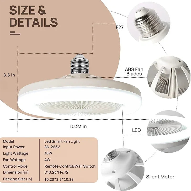 Ventilador LED inteligente, lâmpada pequena para ventilador, E27, parafuso, controle remoto, luz para ventilador, decoração para casa, quarto, sala de estar, decoração silenciosa 