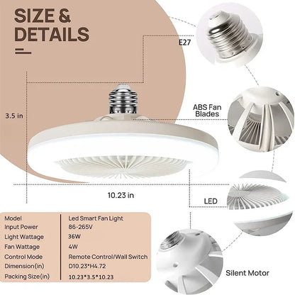 Ventilador LED inteligente, lâmpada pequena para ventilador, E27, parafuso, controle remoto, luz para ventilador, decoração para casa, quarto, sala de estar, decoração silenciosa 