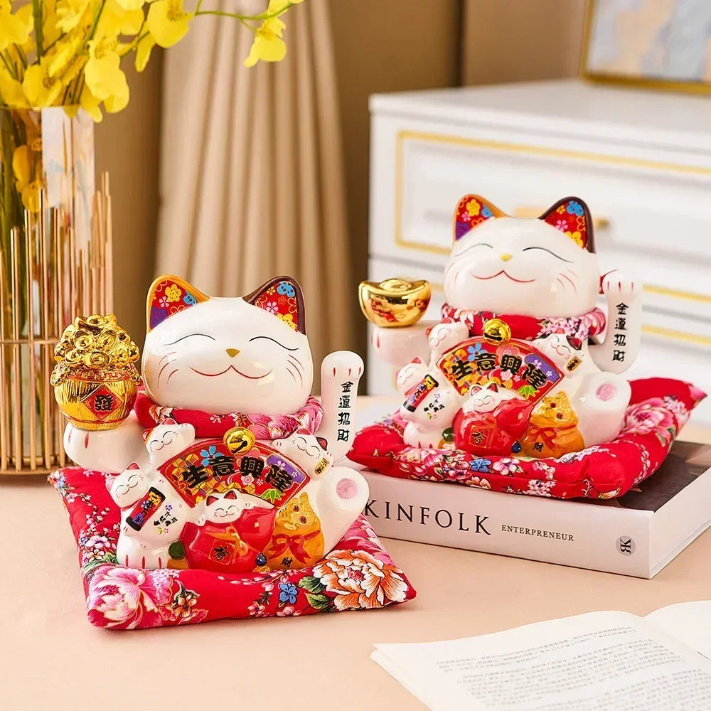 Ceramic Maneki Neko Lucky Cat Home Decor Waving Hand Cat Feng Shui Ceramic Fortune Cat Statue Kawaii Room Decor Accessories Leedoar