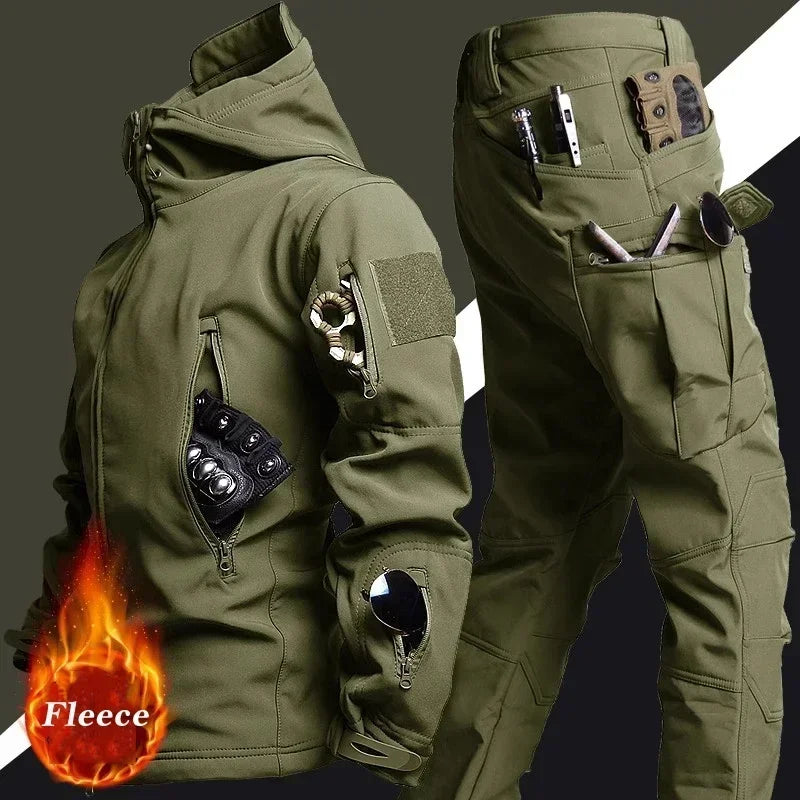 Conjunto táctico de invierno para hombre, traje militar para exteriores, resistente al viento, impermeable, chaquetas con capucha y múltiples bolsillos de caparazón blando, pantalones de trabajo de piel de tiburón 