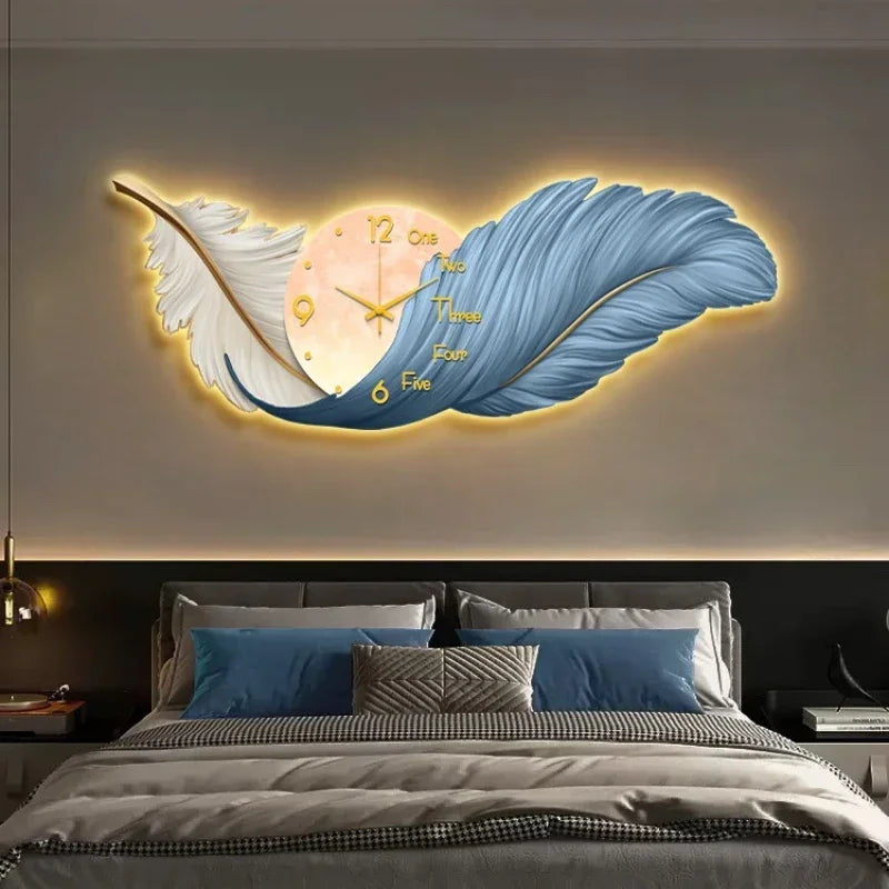 Decoração de sala de estar de penas de luxo moderno, pintura de relógio, pintura de luz LED, cabeceira de cama, escultura, decoração, pintura mural 