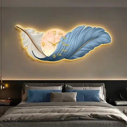 Decoração de sala de estar de penas de luxo moderno, pintura de relógio, pintura de luz LED, cabeceira de cama, escultura, decoração, pintura mural 