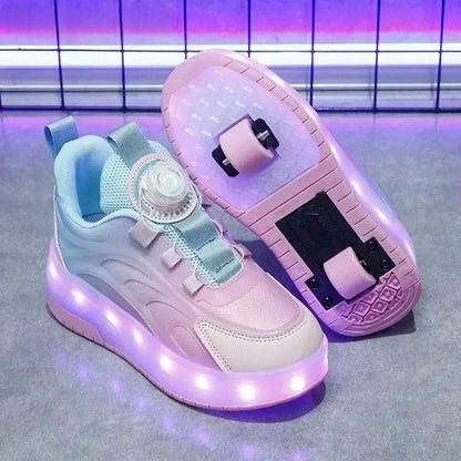 Children's Kids Boys Girls USB Charging Glowing Casual Sneakers Led Light Wheels Outdoor Parkour Roller Skate Shoes Sports For Leedoar