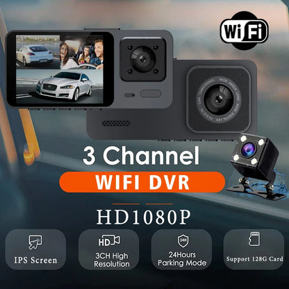 3 Channel WiFi Car DVR Three Way Dash Cam Inside Vehicle Camera DVRs Recorder FHD 1080P Video Mini Registrator Dashcam Camcorder Leedoar