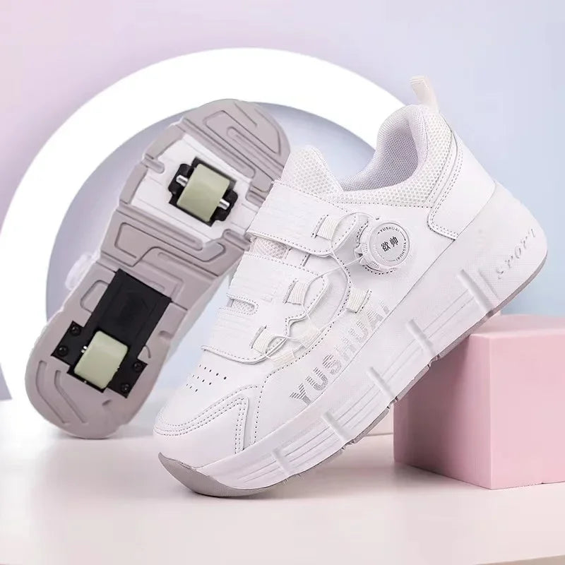 Kids 2-Wheel Roller Skate Shoes With Rotating Buckle Children Deformation Parkour Runaway Boy Girl Gift Blade Flying Sneakers Leedoar