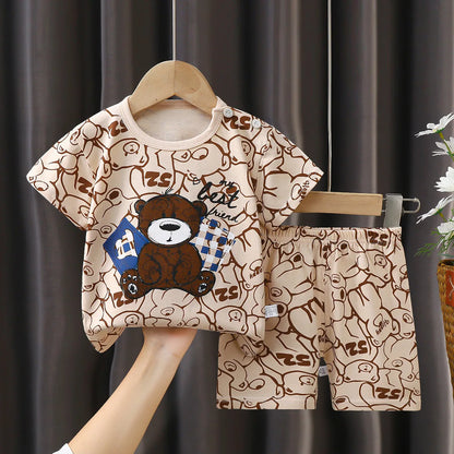 Cartoon Printed Clothing Pure Cotton Home Clothes 2 Piece Suits Toddler Fashion Cute Casual Tracksuits Contrast T-shirt+Shorts Leedoar