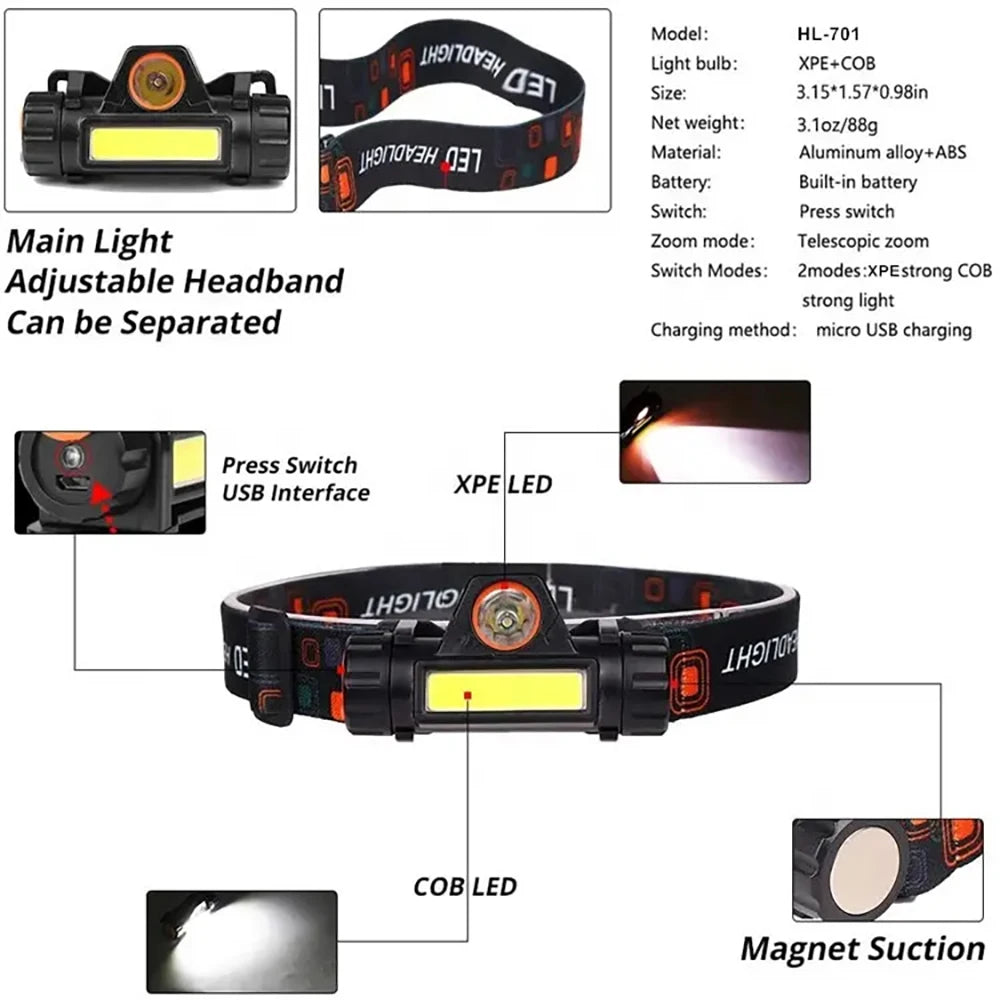 Linterna frontal potente LED recargable con imán para acampar, linterna de lúmenes para pesca al aire libre, carga USB con batería 