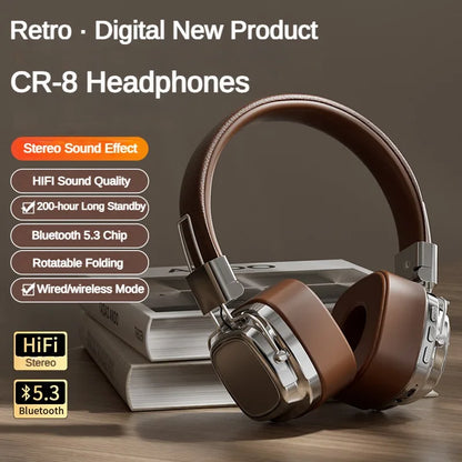 2024 Novo CR-8 Classic Over Ear Headsets Studio Dj Stereo Bluetooth5.3 Fones de ouvido retrô sem fio Touch Control Tipo C Fones de ouvido 