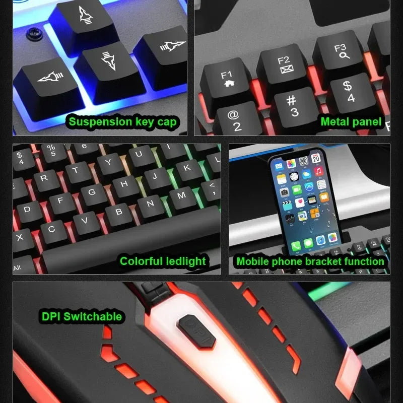 Teclado para juegos con cable USB JP-2, teclado retroiluminado RGB con mouse para juegos silencioso y retroiluminado, juego para PC de oficina, computadora portátil para juegos